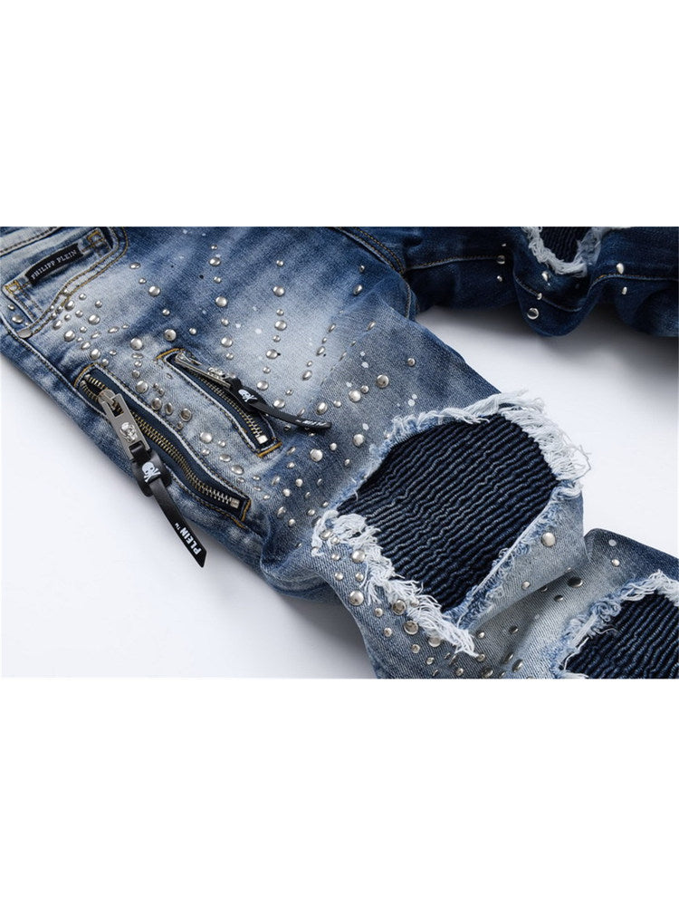 25 summer new American trendy brand PP men's gypsophila glossy rivet ripped hole patchwork slim fit trend jeans