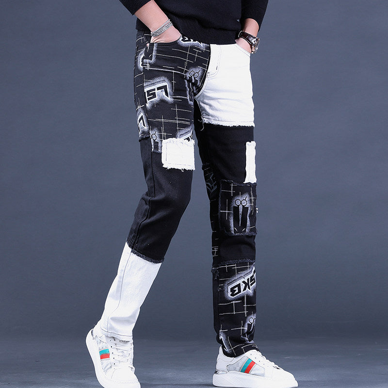 2025 Autumn New Jeans Men's Loose Straight Korean Trend European and American Trendy Brand Splicing Patch Pants for Men