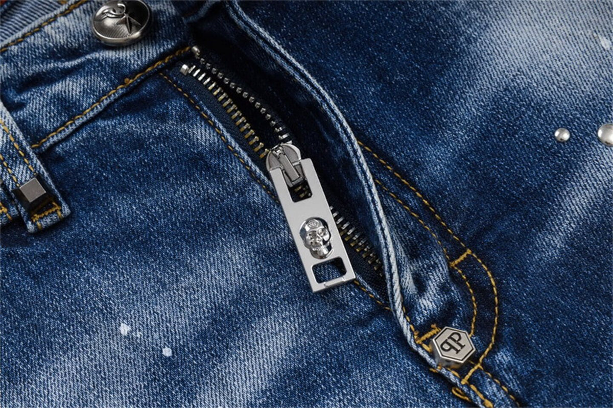 25 summer new American trendy brand PP men's gypsophila glossy rivet ripped hole patchwork slim fit trend jeans