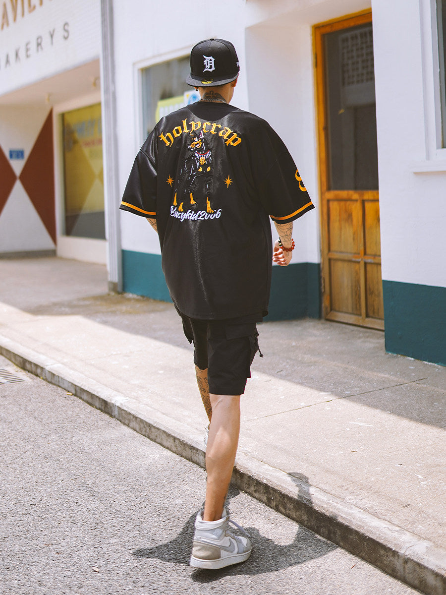 Holycrap Hip Hop Cardigan Jersey Short Sleeve Doberman Pinscher Embroidered Mercerized Baseball Half Sleeve Hip Hop West Coast T-Shirt