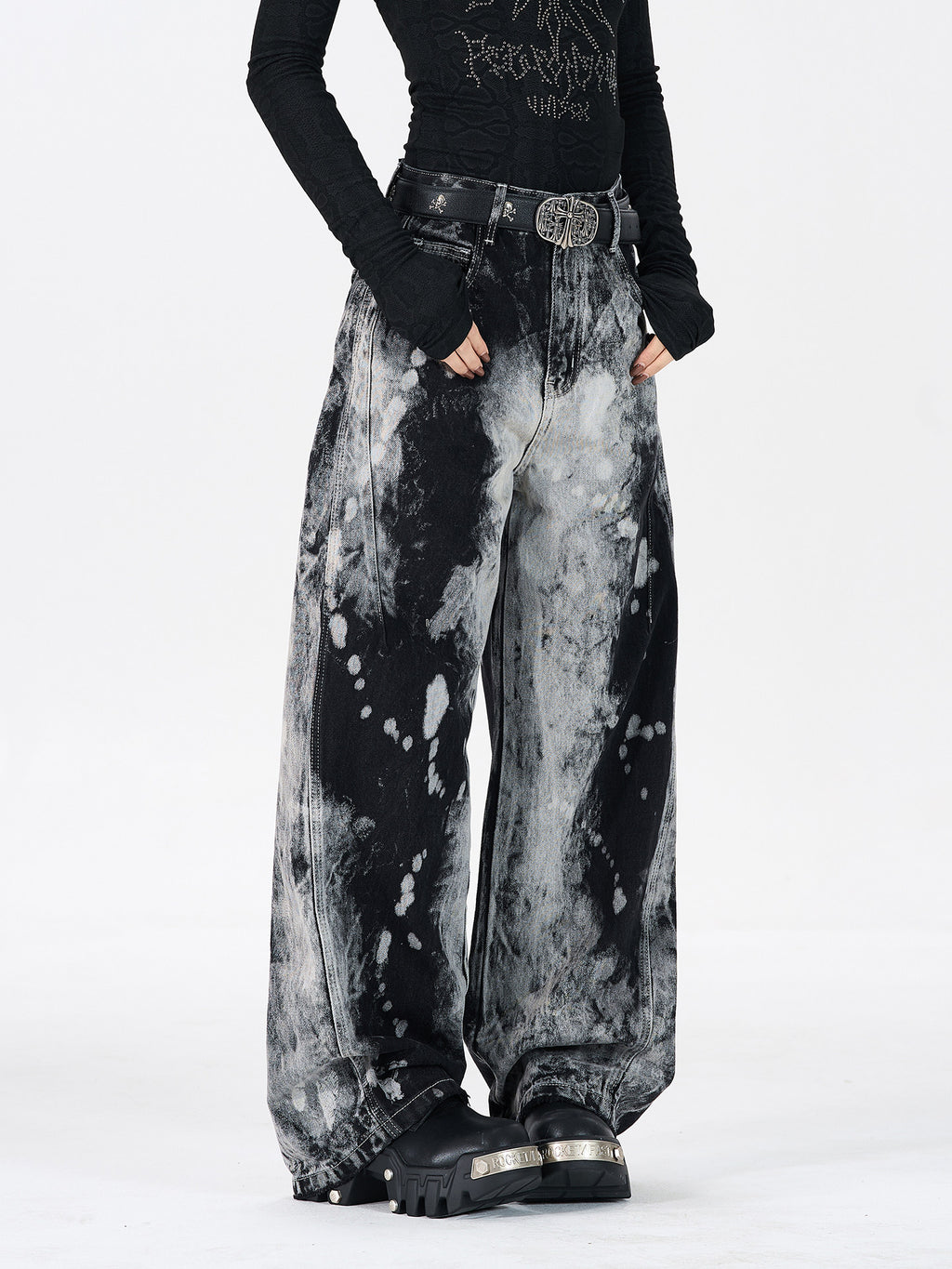 American hip-hop tie-dye gradient straight-leg trendy jeans for men and women, distressed niche high-street wide-leg pants