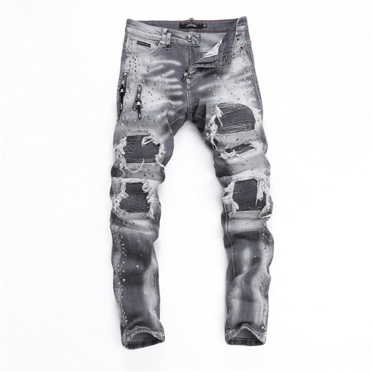 25 summer new American trendy brand PP men's gypsophila glossy rivet ripped hole patchwork slim fit trend jeans