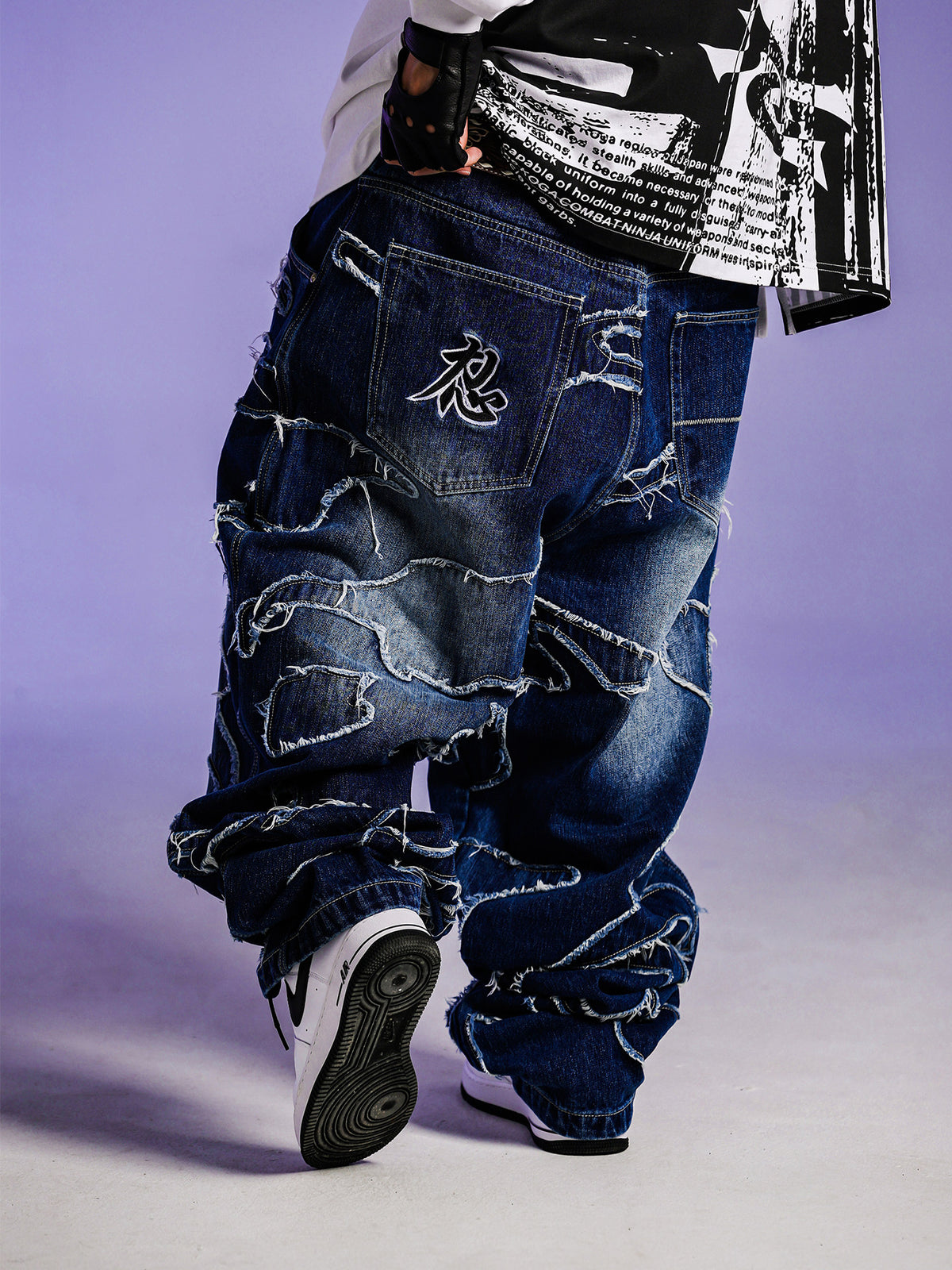 ACUSA American street ninja fighting physique form heavy work patch raw edge embroidery washed denim trousers for men