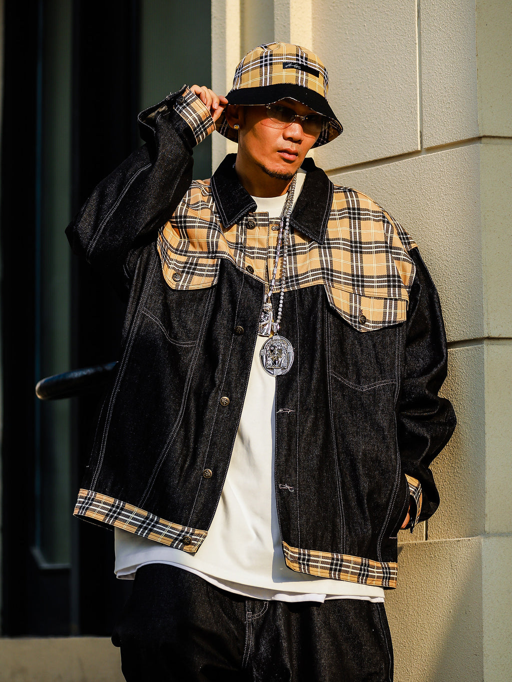Acusa American Streetwear Vintage Plaid Stitching Hard Material Black Denim Jacket Hip Hop Fall Winter Jacket Men