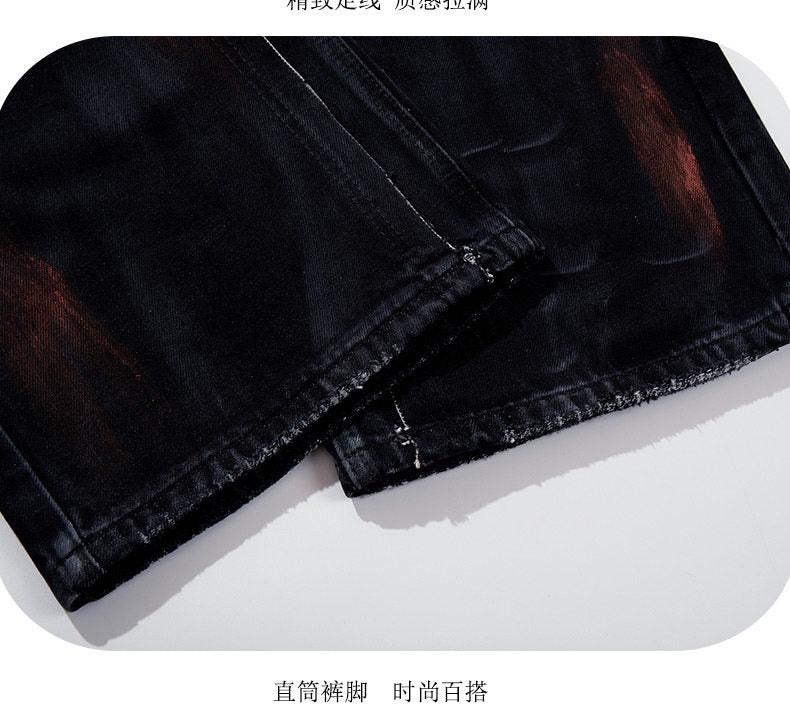 Cool style distressed patchwork trendy brand jeans for men and women, heavy craftsmanship graffiti design, straight-leg loose wide-leg pants