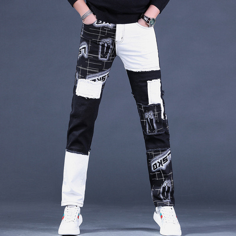 2025 Autumn New Jeans Men's Loose Straight Korean Trend European and American Trendy Brand Splicing Patch Pants for Men