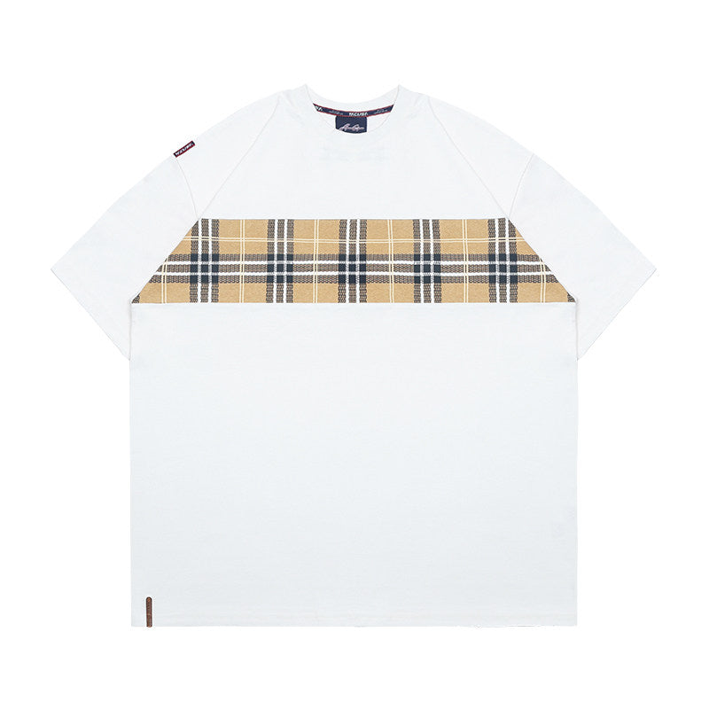 Acusa American Street Hip Hop Patchwork Checkered Small Neckline Short Sleeve