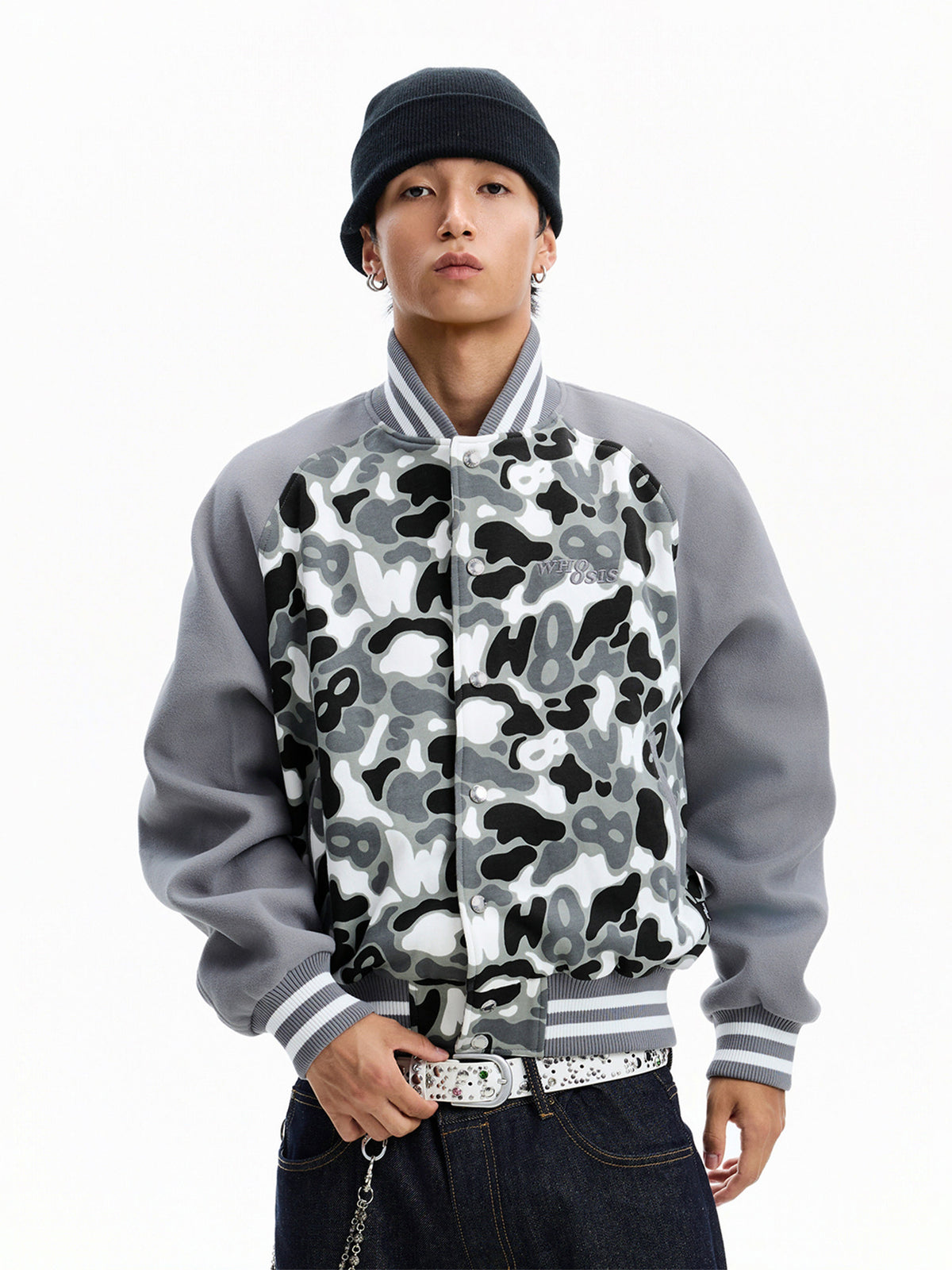 WHOOSIS (unknown name) camouflage basic logo raglan sleeve baseball jacket padded for autumn and winter men