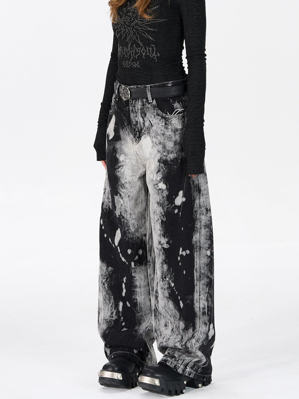 American hip-hop tie-dye gradient straight-leg trendy jeans for men and women, distressed niche high-street wide-leg pants