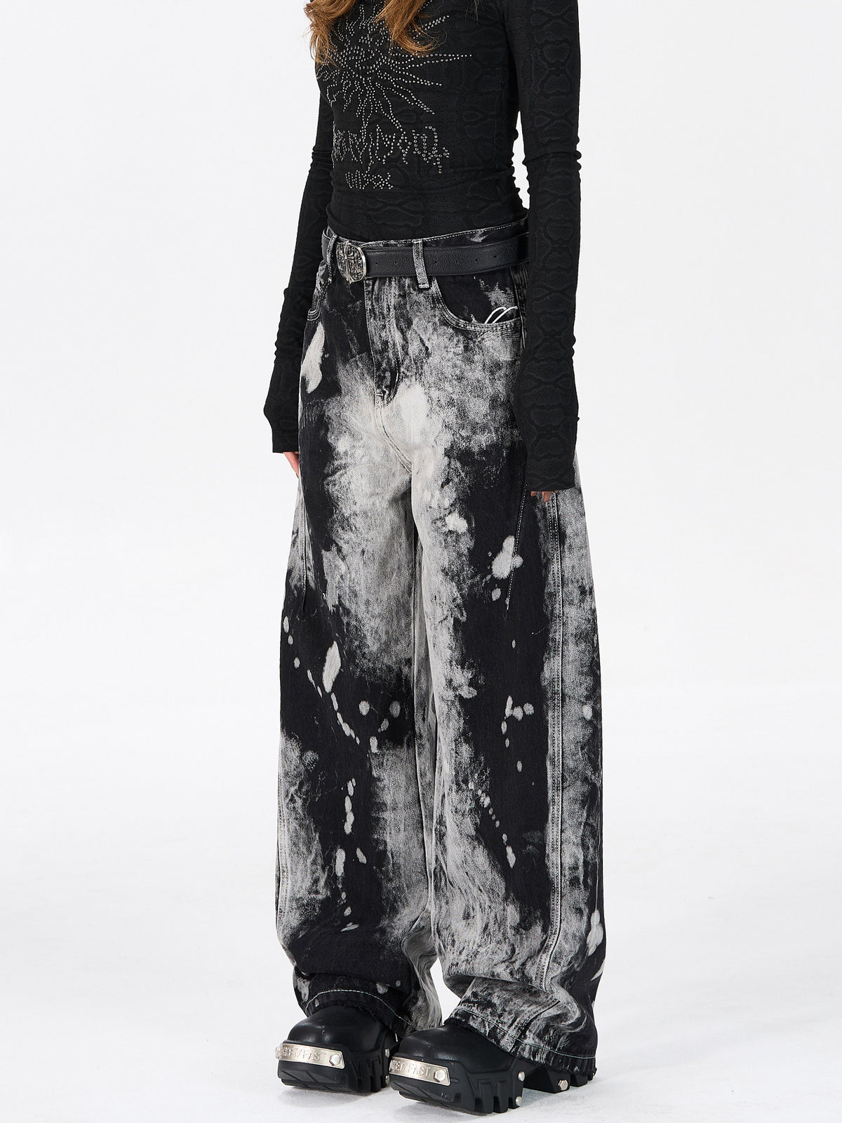 American hip-hop tie-dye gradient straight-leg trendy jeans for men and women, distressed niche high-street wide-leg pants