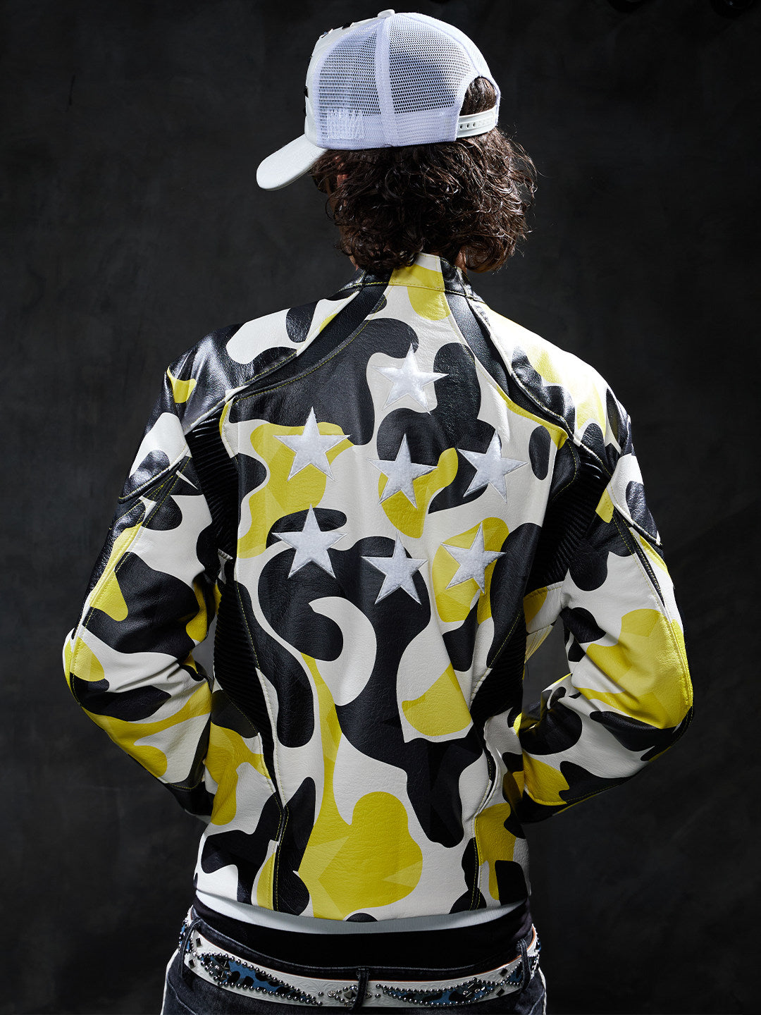 DND4DES Original Camouflage Star Print Jacket for Men, Street Hip-Hop Biker Crew Neck Zip-Up Jacket, Leather Jacket