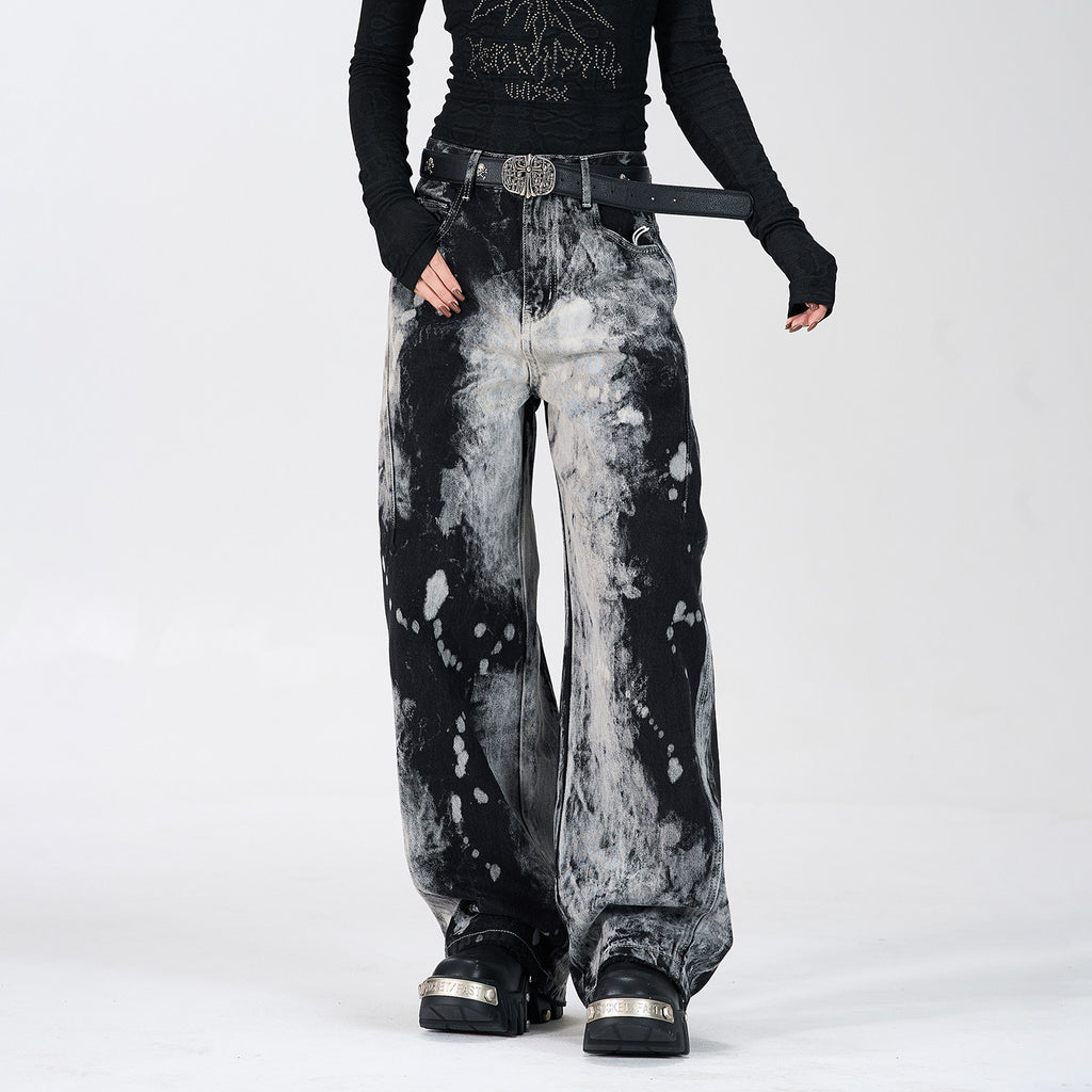American hip-hop tie-dye gradient straight-leg trendy jeans for men and women, distressed niche high-street wide-leg pants