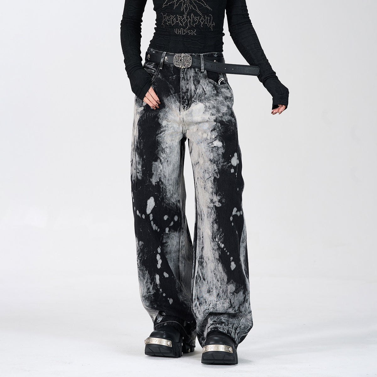 American hip-hop tie-dye gradient straight-leg trendy jeans for men and women, distressed niche high-street wide-leg pants