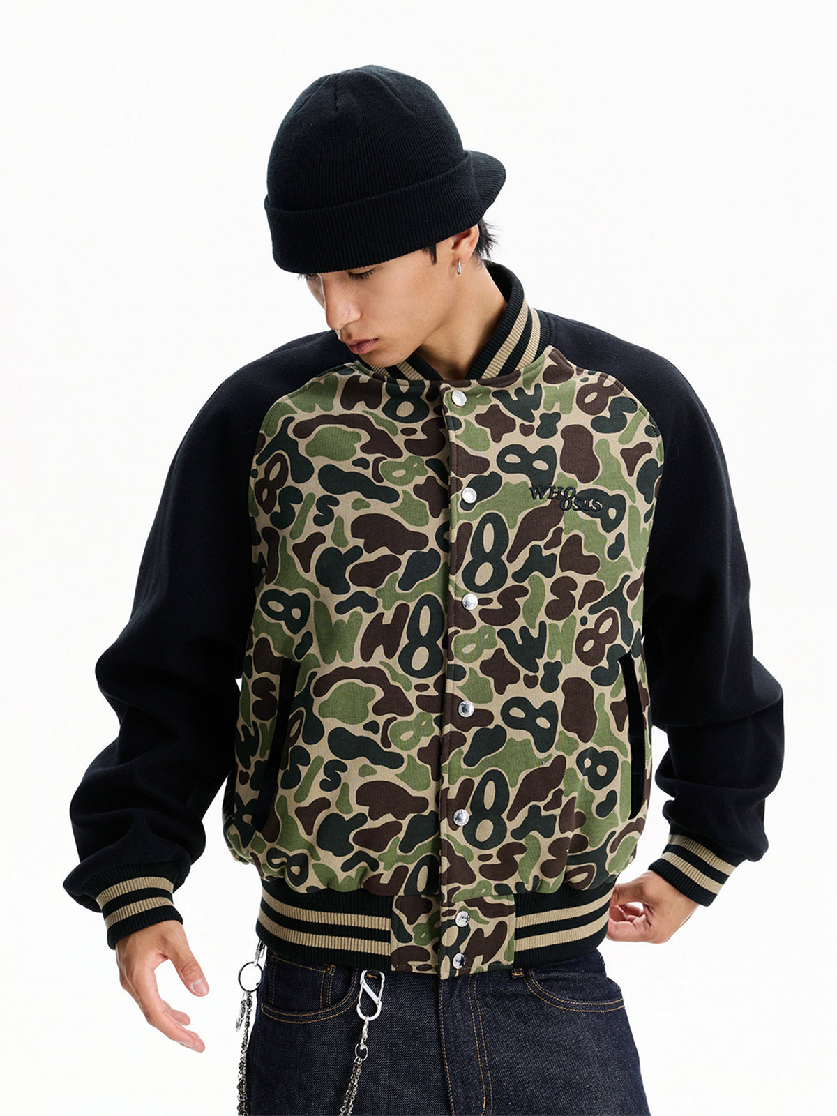 WHOOSIS (unknown name) camouflage basic logo raglan sleeve baseball jacket padded for autumn and winter men