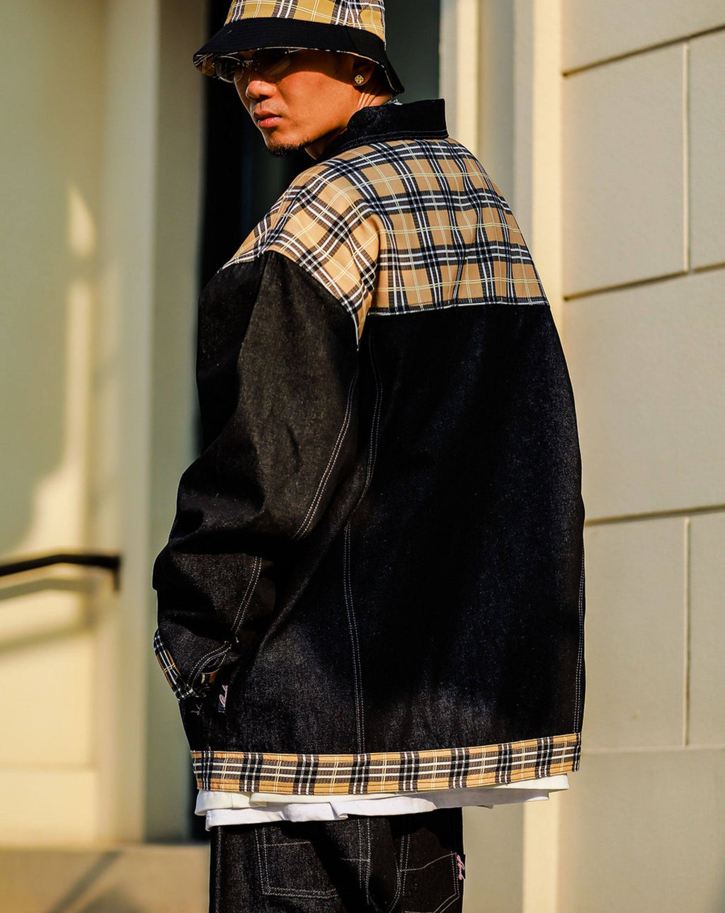 Acusa American Streetwear Vintage Plaid Stitching Hard Material Black Denim Jacket Hip Hop Fall Winter Jacket Men