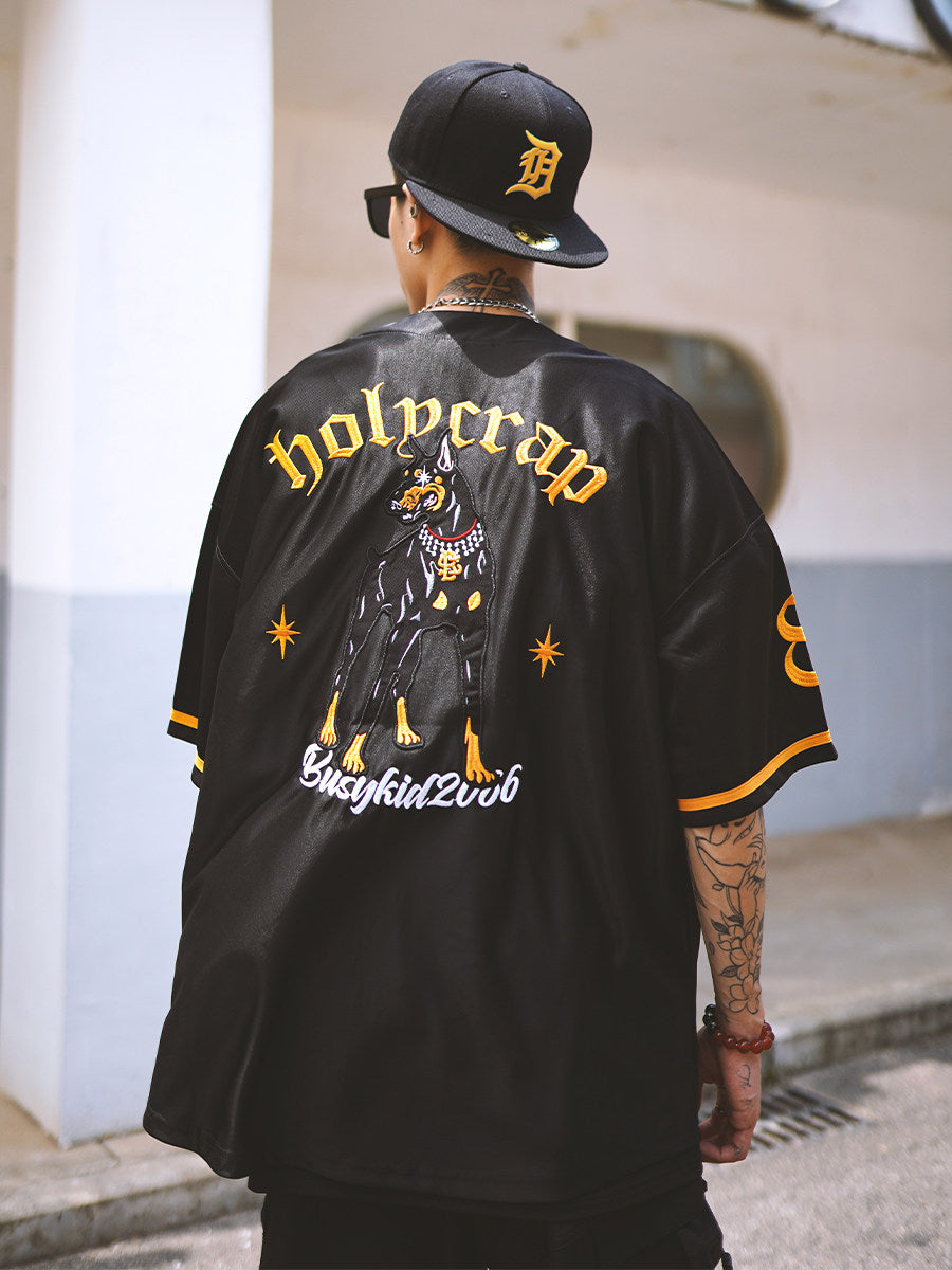 Holycrap Hip Hop Cardigan Jersey Short Sleeve Doberman Pinscher Embroidered Mercerized Baseball Half Sleeve Hip Hop West Coast T-Shirt
