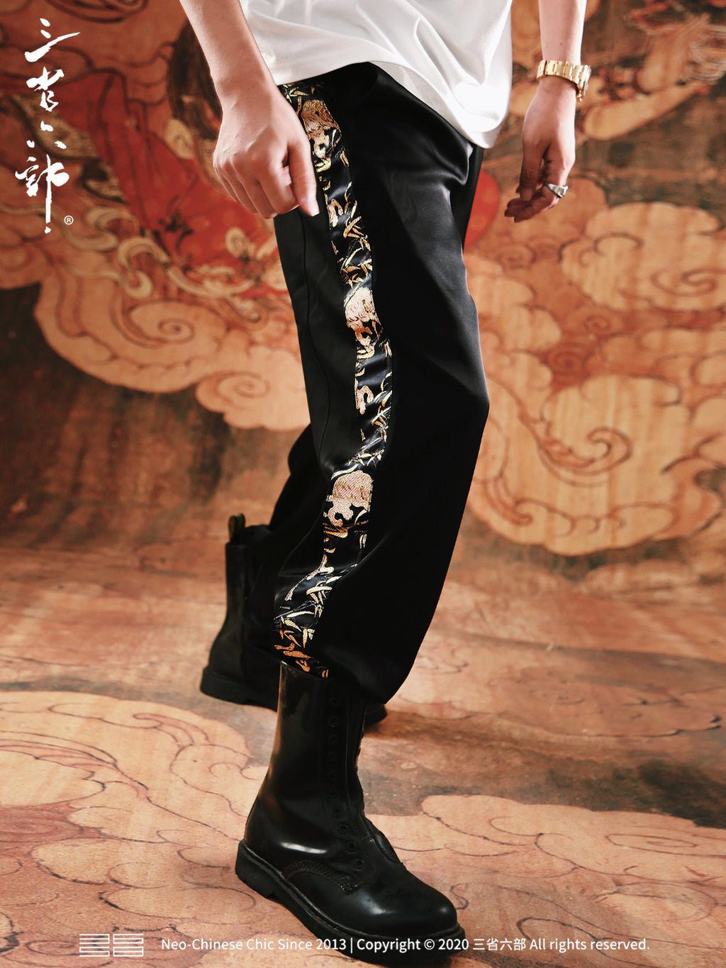 Three provinces and six departments, golden tiger nafu, ice black gold webbing Nishijin woven men's national style crunch trousers