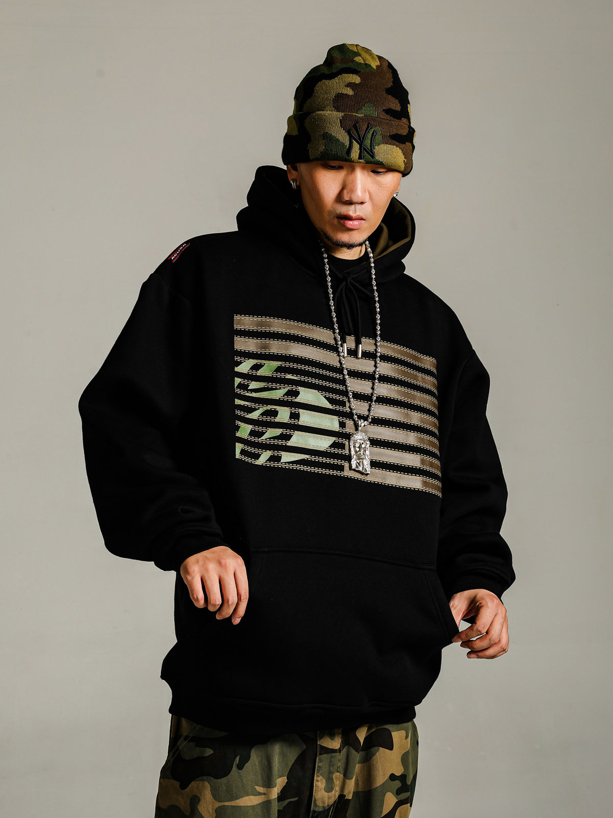 ACUSA American retro street hip hop Citi LOGO three-dimensional print color blockage heavy pullover hooded sweatshirt for men