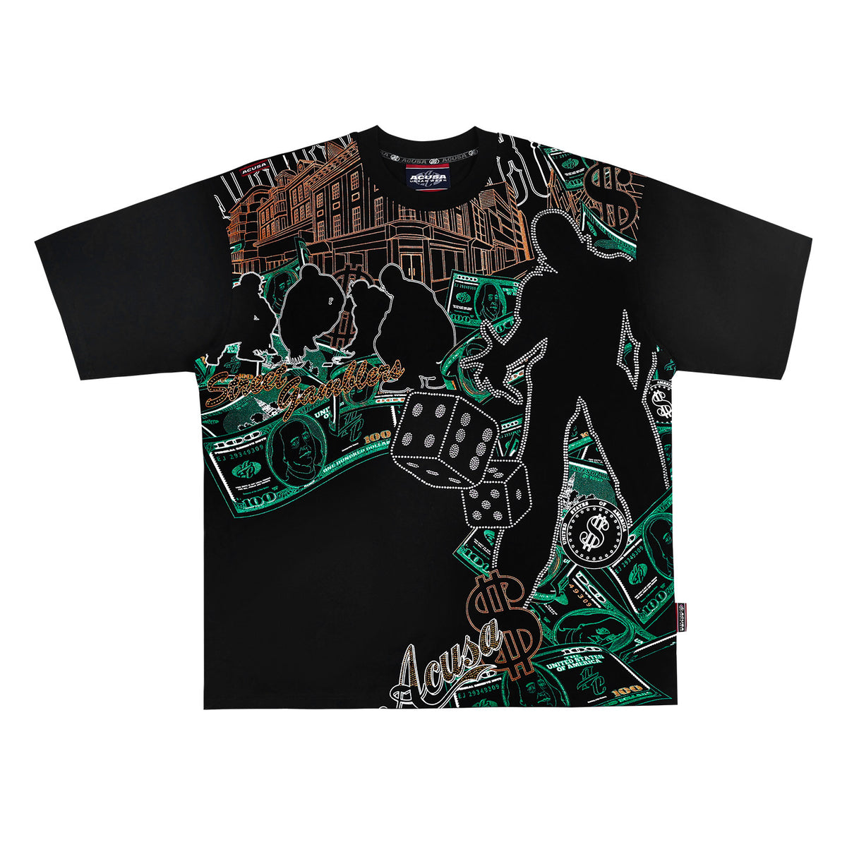 ACUSA American 456 Street Dice Game Super Large Hot Diamond Glitter Craft Dropped Shoulders Loose Short Sleeve T-Shirt Summer