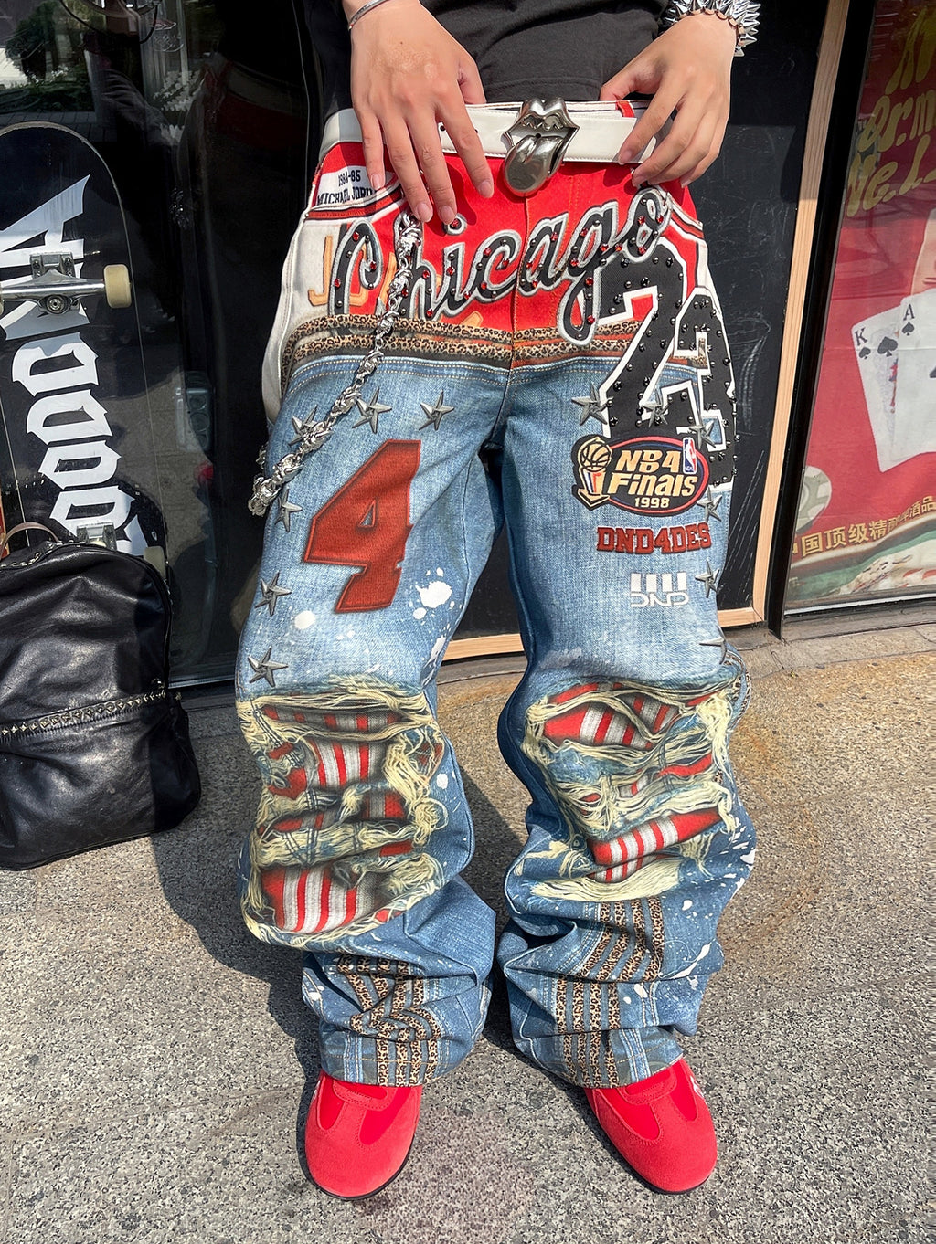 DND4DES Wang Sulong's original American 3D printed leopard print ripped straight bootcut jeans and trousers