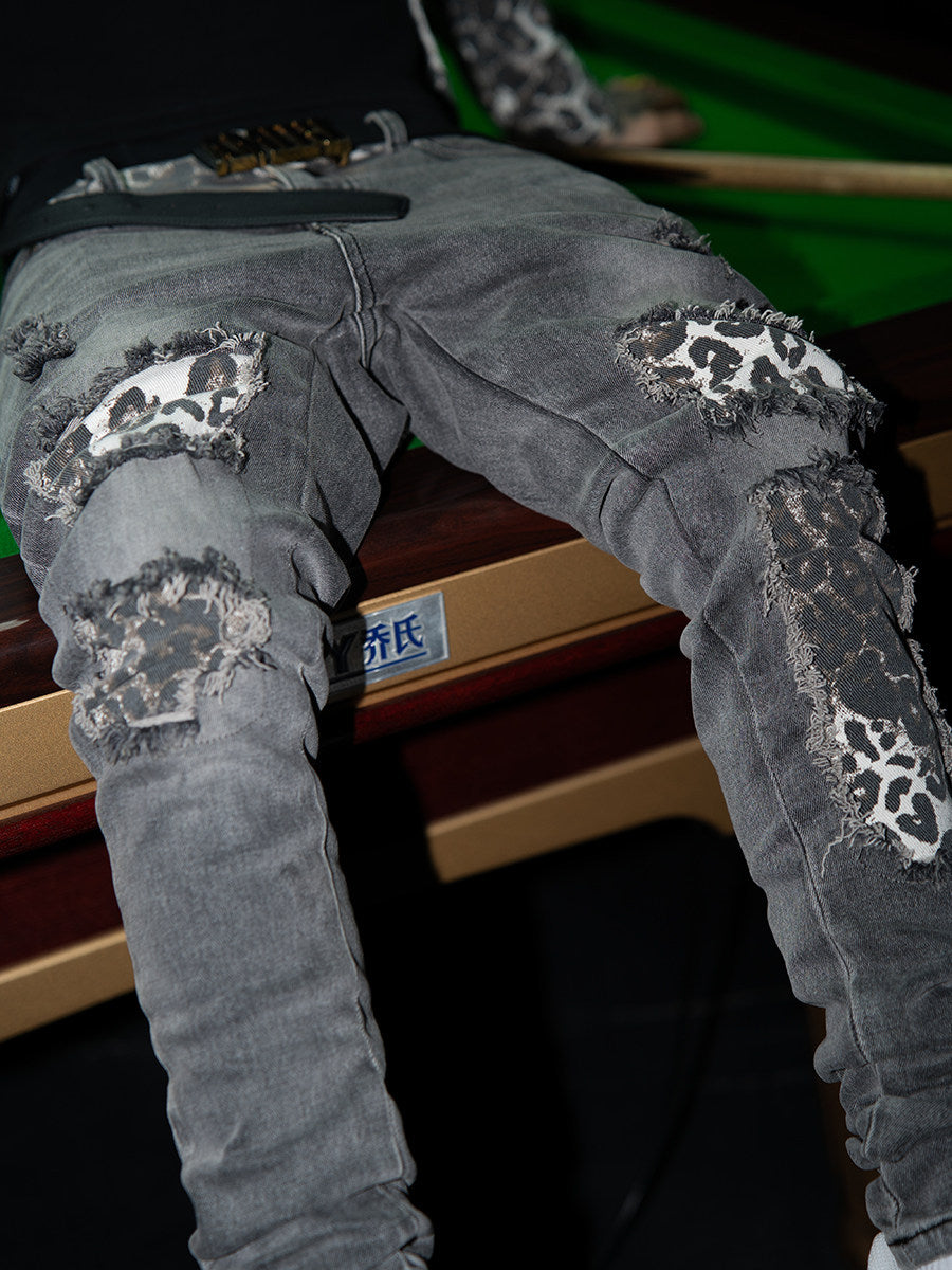 TGFCLUB AMERICAN STREET HIP HOP RAPPER BASIC PATCH LEOPARD PRINT SLIM FIT WASH JEANS