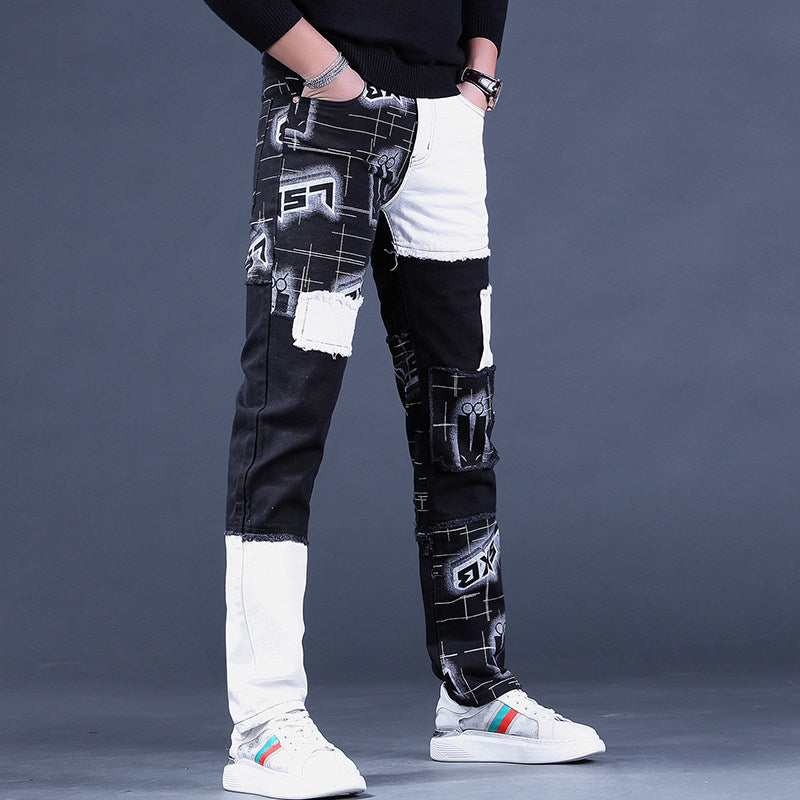 2025 Autumn New Jeans Men's Loose Straight Korean Trend European and American Trendy Brand Splicing Patch Pants for Men