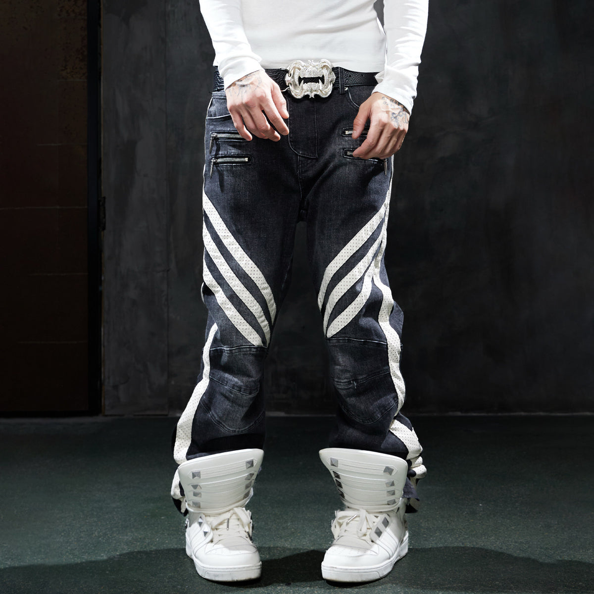DND4DES Retro vintage functional denim pants, American street hip-hop patchwork slim motorcycle pants
