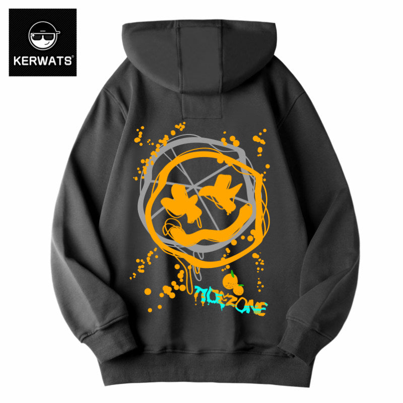 KERWATS Plus Size Trendy Japanese Smiley Face Graphic Print Knit Sweater Fat Plus Plus Couple Hooded Sweatshirt Men