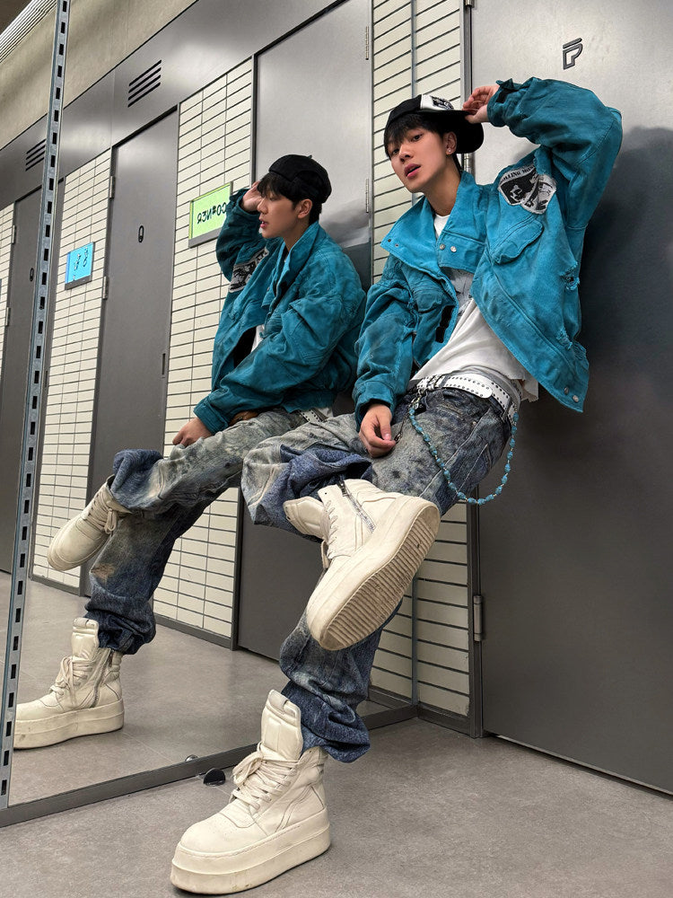 BLOOD RULE [3D printing] vintage American print dirty dye slime cleanfit trendy men's and women's jeans