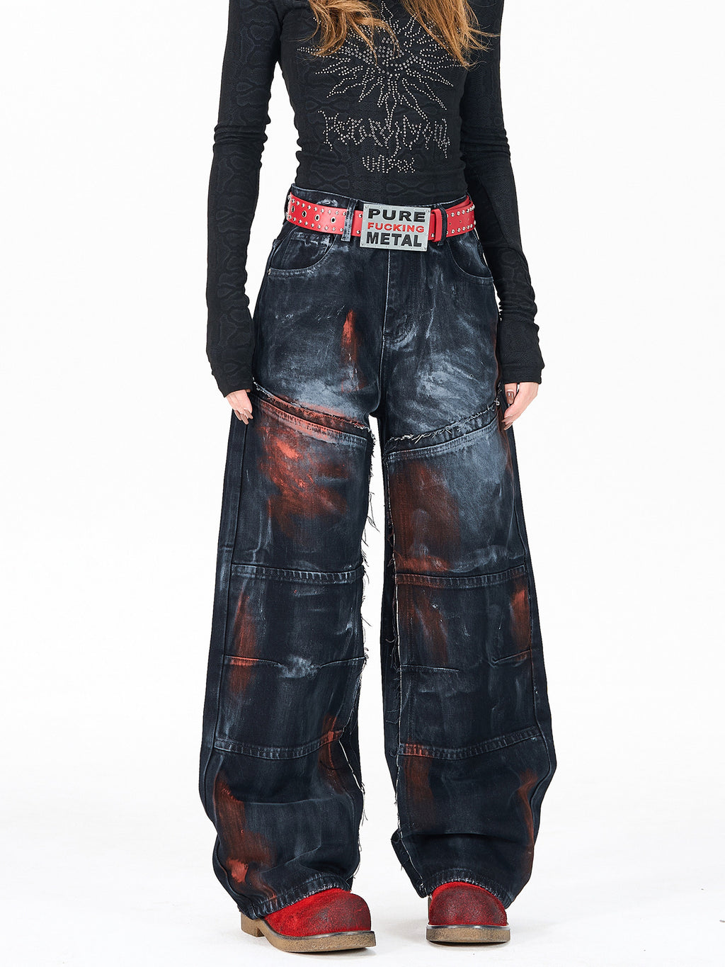 Cool style distressed patchwork trendy brand jeans for men and women, heavy craftsmanship graffiti design, straight-leg loose wide-leg pants