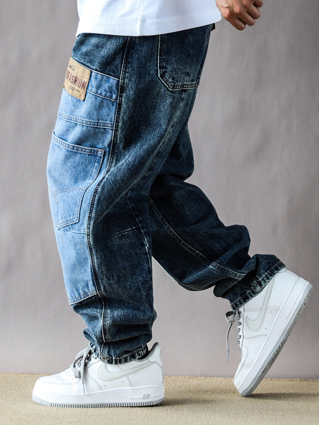 2025 American Vintage Washed Design Patch Stitching Printed Jeans Men's Loose Straight Wide-leg Pants Blue