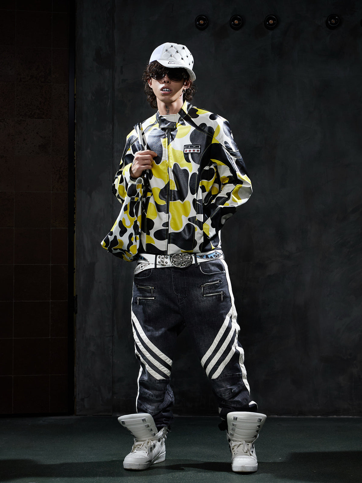 DND4DES Original Camouflage Star Print Jacket for Men, Street Hip-Hop Biker Crew Neck Zip-Up Jacket, Leather Jacket