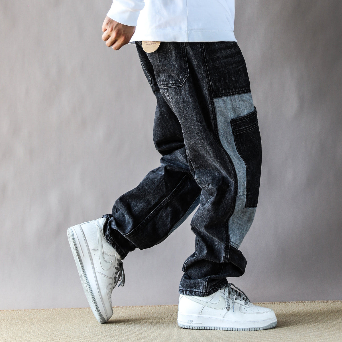 2025 American Vintage Washed Design Patch Stitching Printed Jeans Men's Loose Straight Wide-leg Pants Blue