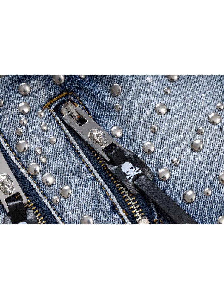 25 summer new American trendy brand PP men's gypsophila glossy rivet ripped hole patchwork slim fit trend jeans