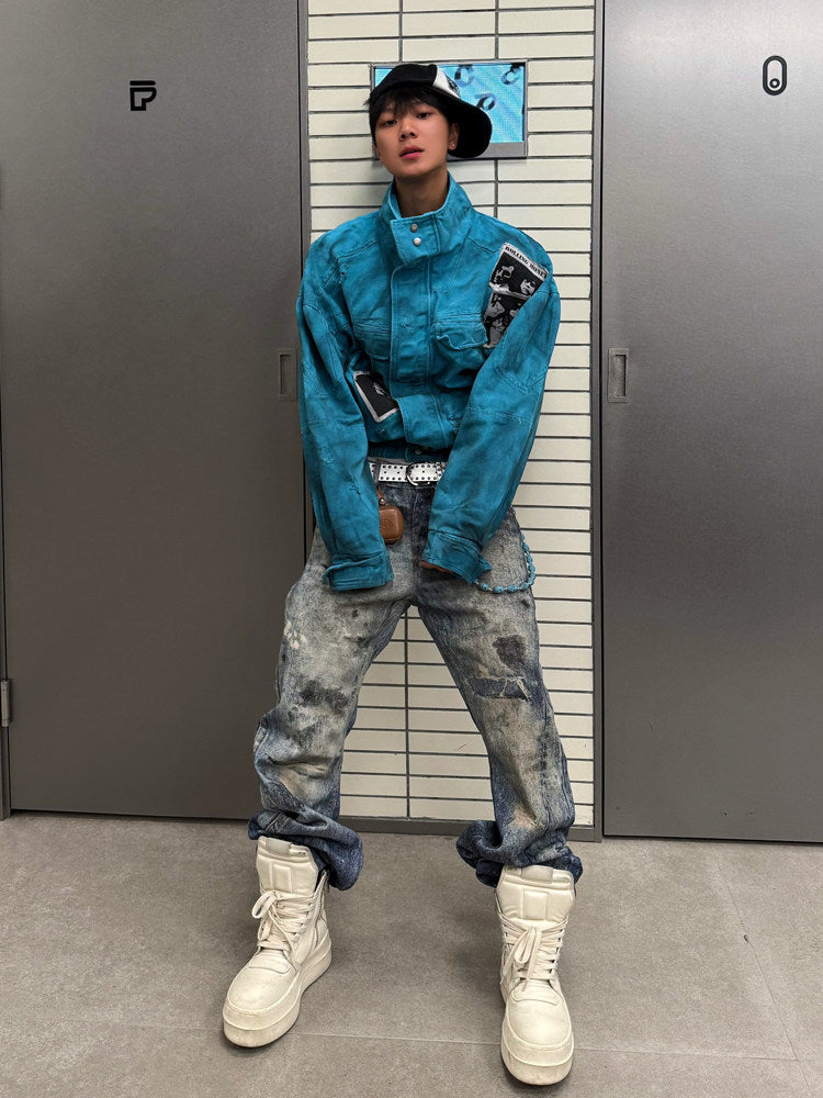 BLOOD RULE [3D printing] vintage American print dirty dye slime cleanfit trendy men's and women's jeans