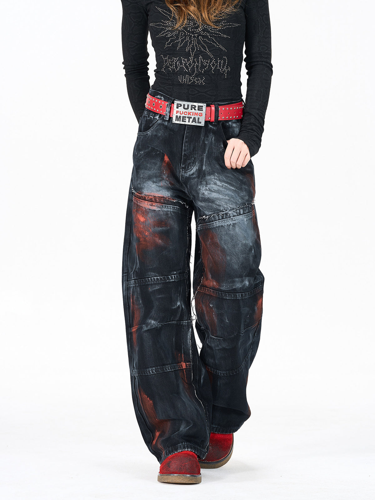 Cool style distressed patchwork trendy brand jeans for men and women, heavy craftsmanship graffiti design, straight-leg loose wide-leg pants