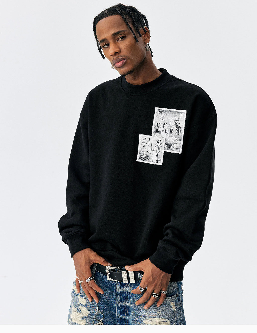 MEDM Personalized Angel Letter Print Applique Casual Crew Neck Fleece Sweatshirt American Couple Pullover Top Autumn