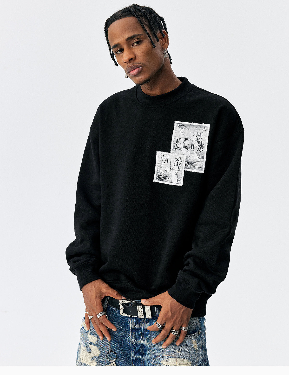MEDM Personalized Angel Letter Print Applique Casual Crew Neck Fleece Sweatshirt American Couple Pullover Top Autumn