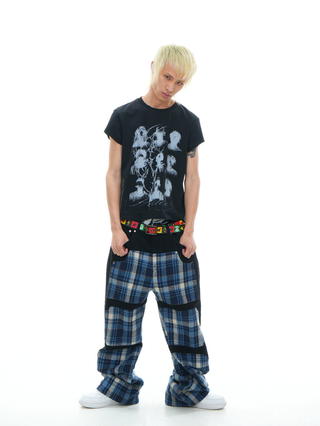 Vinkid (ladder) plaid patchwork jeans American trend niche designer national trend versatile trousers