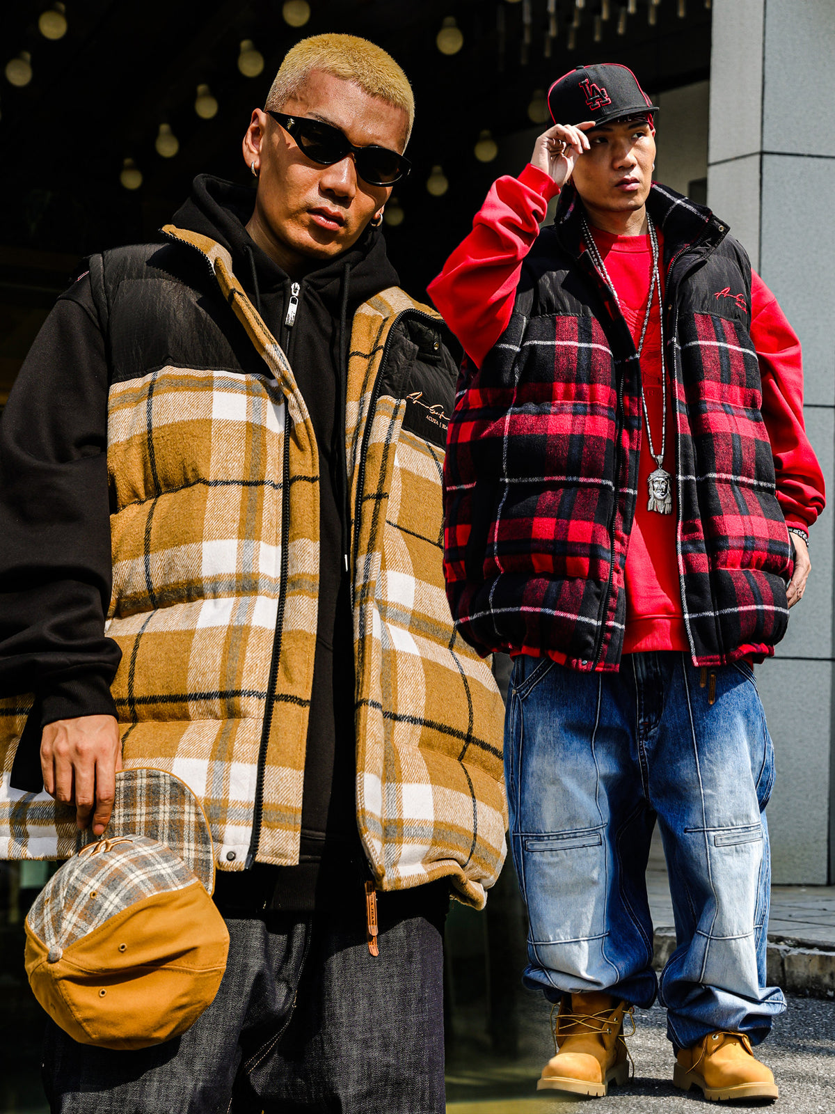 ACUSA retro hip-hop street woolen plaid color-block thickened padded heavy windproof and cold-proof vest for autumn and winter men