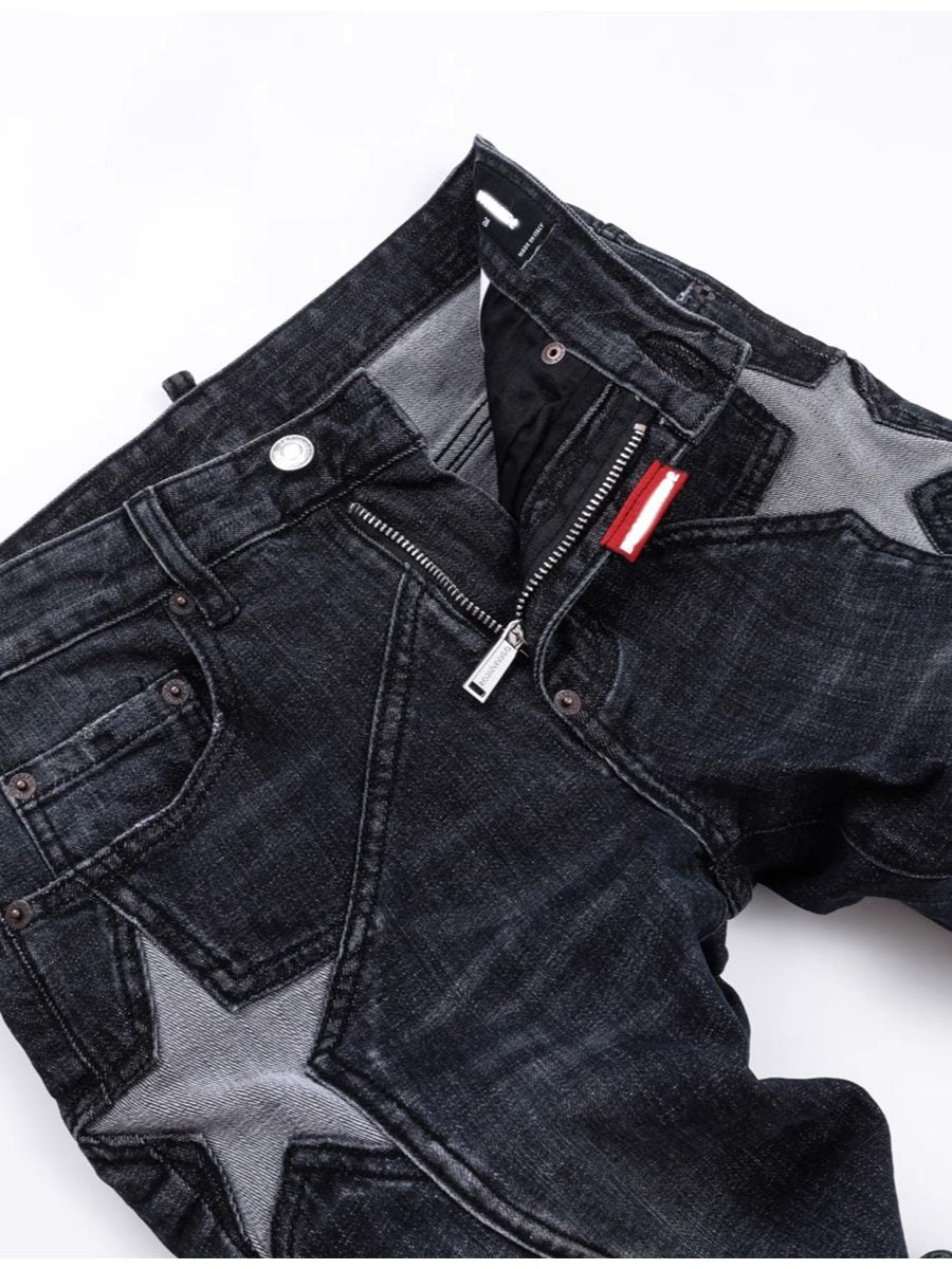 D Jeans Skinny Ripped Jeans American High Street Star Patch Slim Fit Men's Pants Jeans