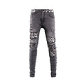 TGFCLUB AMERICAN STREET HIP HOP RAPPER BASIC PATCH LEOPARD PRINT SLIM FIT WASH JEANS