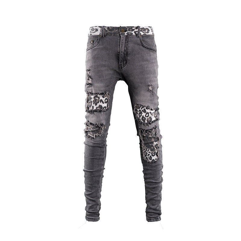 TGFCLUB AMERICAN STREET HIP HOP RAPPER BASIC PATCH LEOPARD PRINT SLIM FIT WASH JEANS