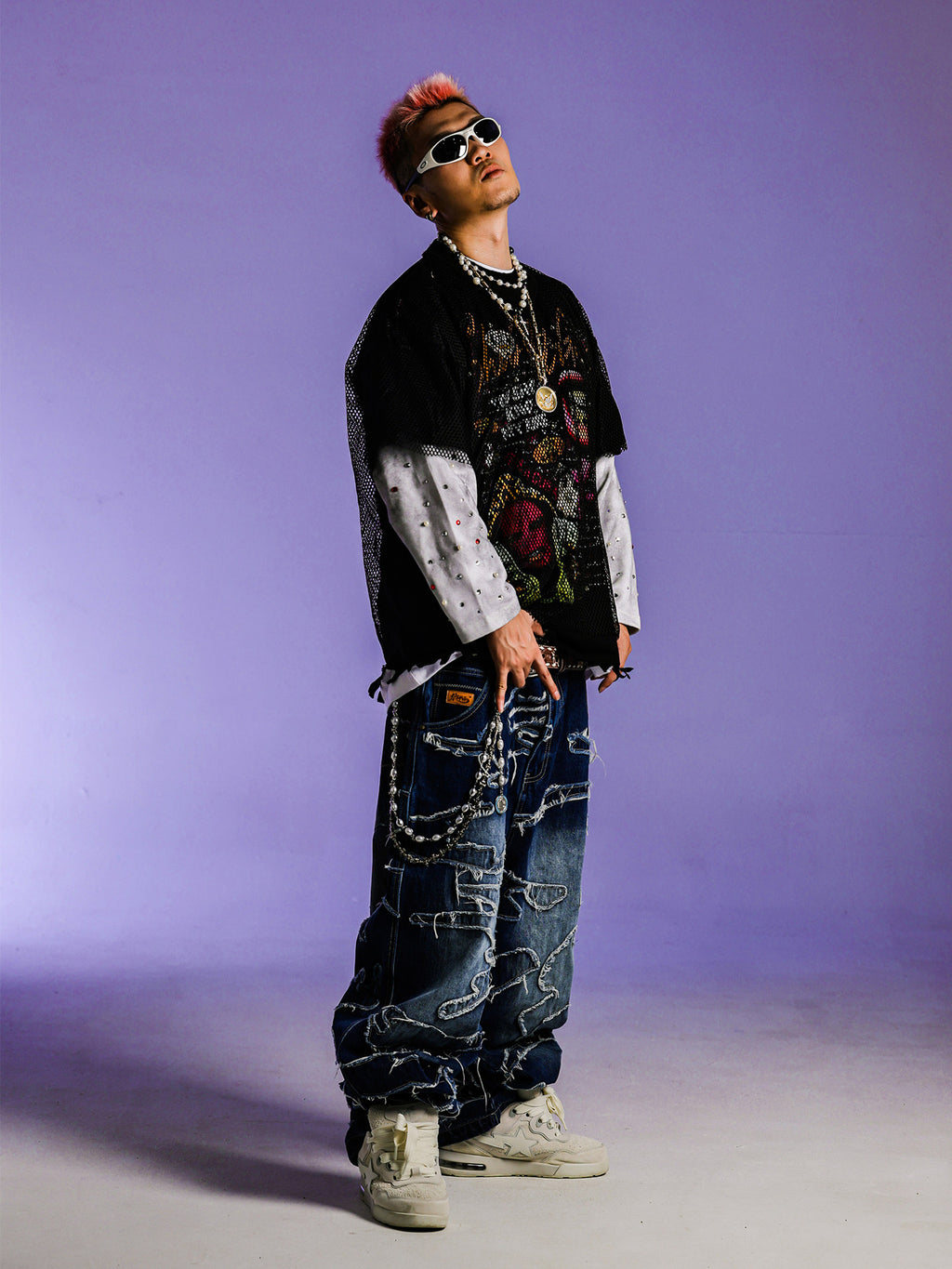 ACUSA American street ninja fighting physique form heavy work patch raw edge embroidery washed denim trousers for men