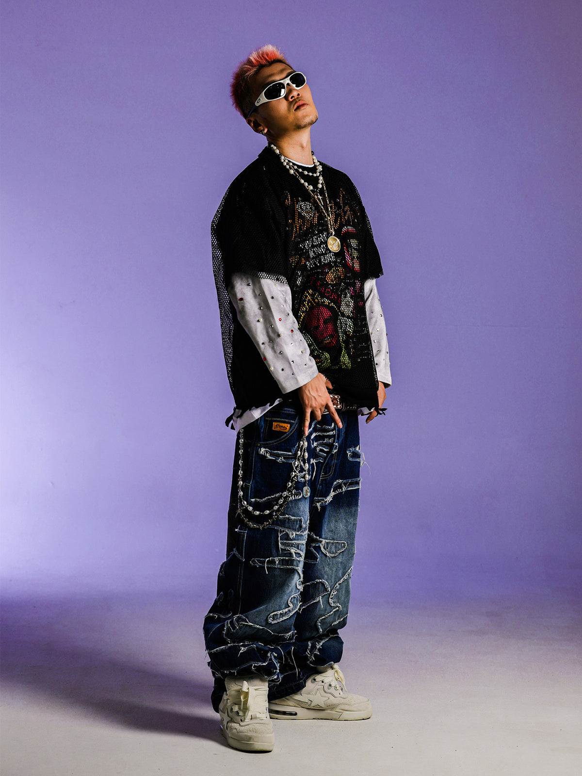 ACUSA American street ninja fighting physique form heavy work patch raw edge embroidery washed denim trousers for men