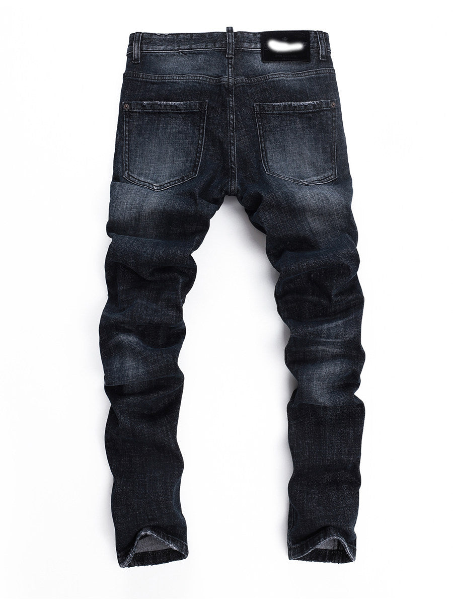 D Jeans Skinny Ripped Jeans American High Street Star Patch Slim Fit Men's Pants Jeans
