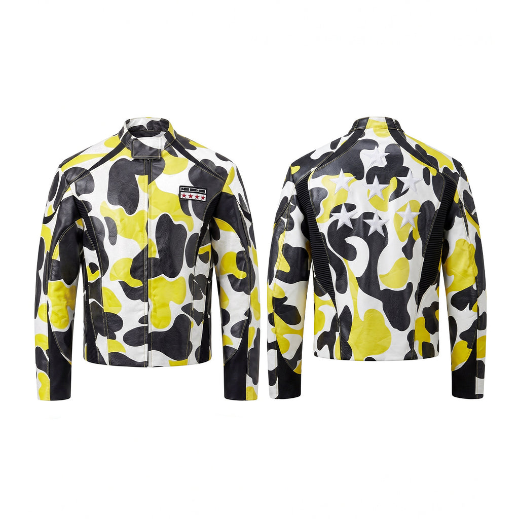 DND4DES Original Camouflage Star Print Jacket for Men, Street Hip-Hop Biker Crew Neck Zip-Up Jacket, Leather Jacket