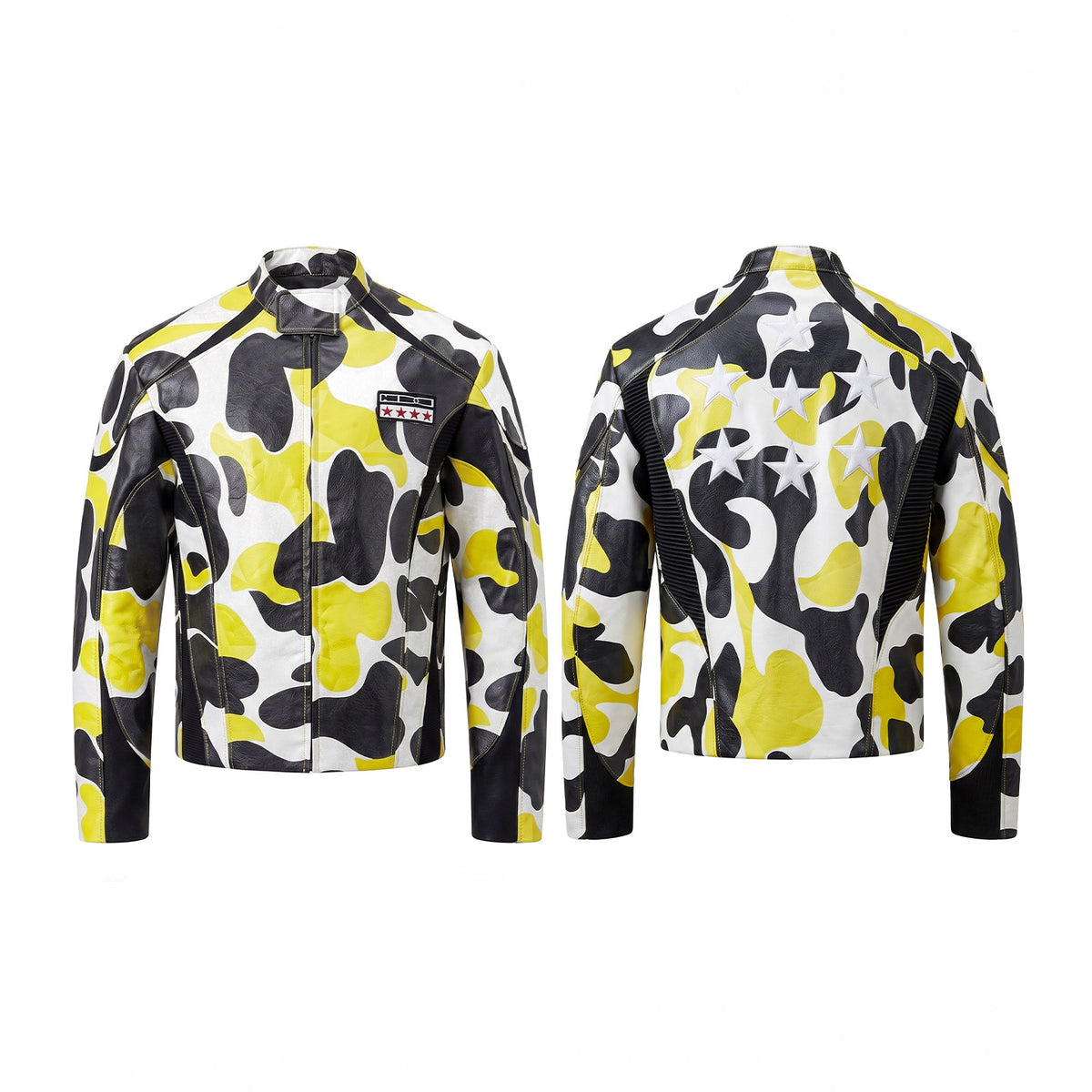 DND4DES Original Camouflage Star Print Jacket for Men, Street Hip-Hop Biker Crew Neck Zip-Up Jacket, Leather Jacket