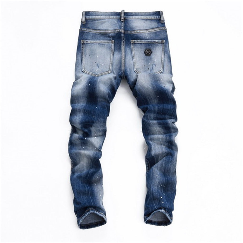 25 summer new American trendy brand PP men's gypsophila glossy rivet ripped hole patchwork slim fit trend jeans