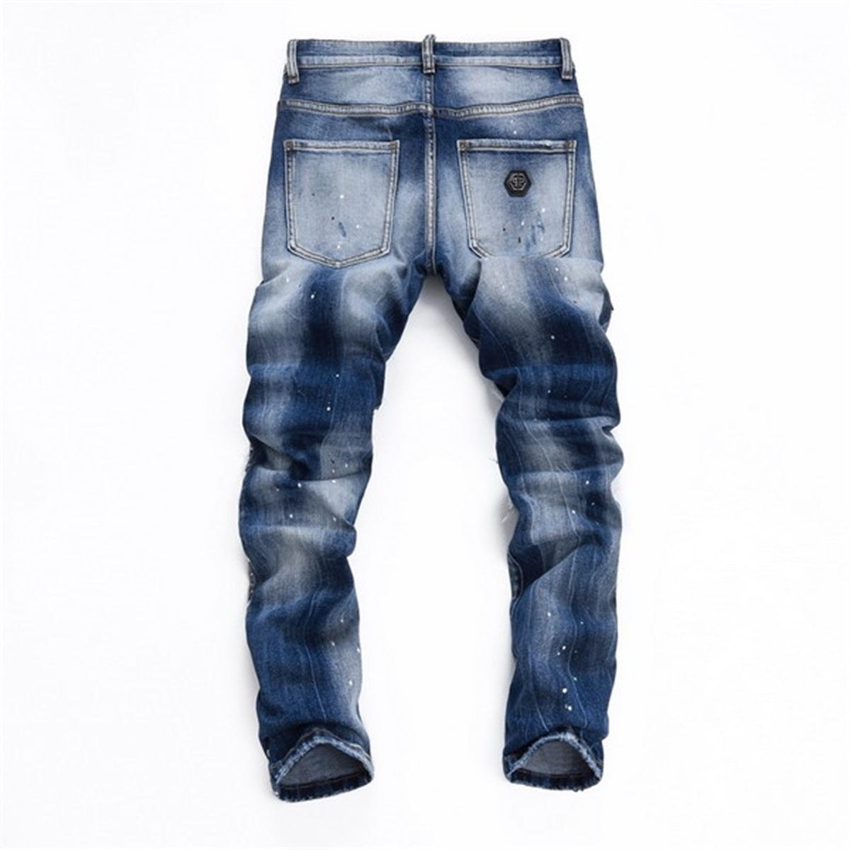 25 summer new American trendy brand PP men's gypsophila glossy rivet ripped hole patchwork slim fit trend jeans